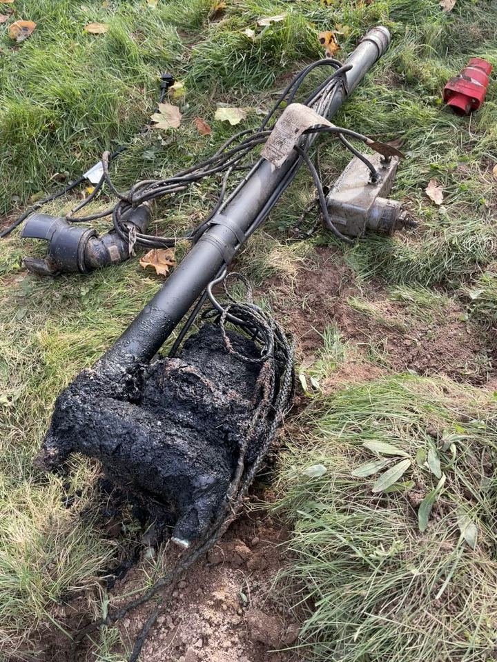 Failed septic effluent pump removed from a pump chamber in Cocagne, NB, coated in sludge
